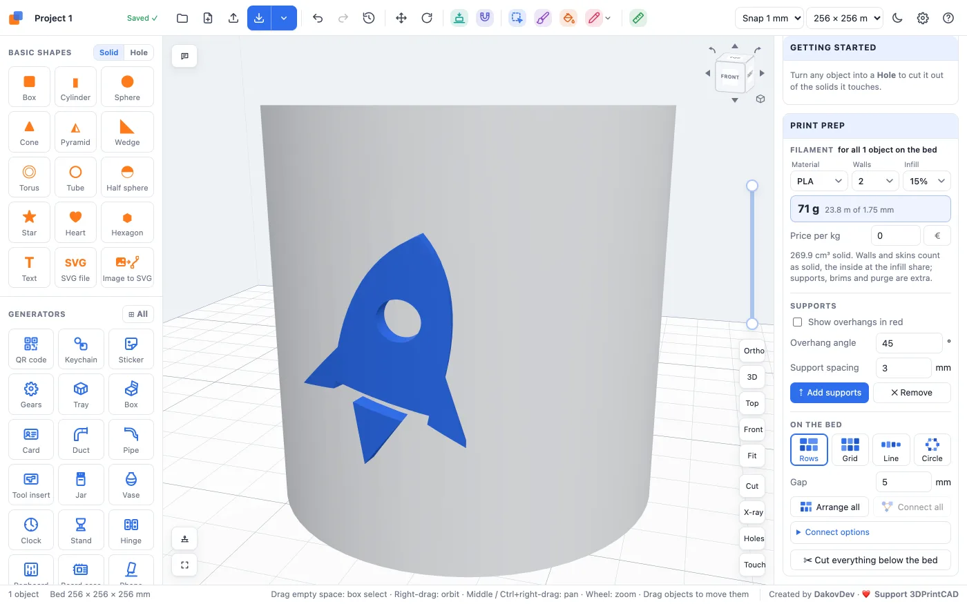 The blue rocket joined to the side of the white cup, both colours kept