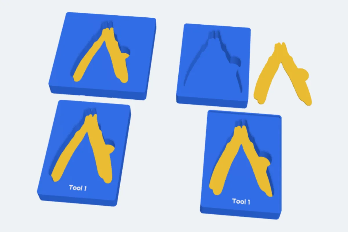 Four pliers inserts: a Gridfinity bin, a tray with its loose floor plate beside it, a tray with a label, and a stackable tray