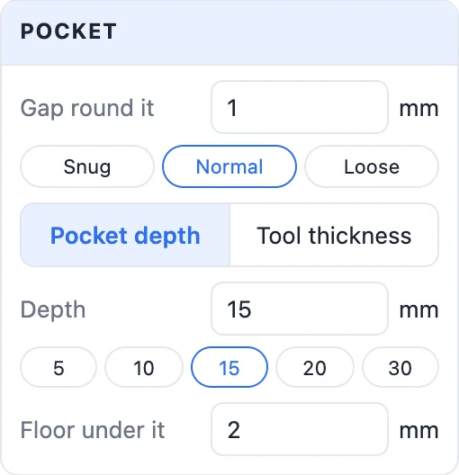 The Pocket card: gap round it, pocket depth or tool thickness, depth presets and floor