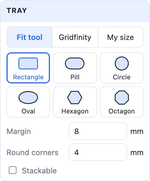The Tray card: fit tool, Gridfinity or my size, six tray shapes, margin, round corners and stackable