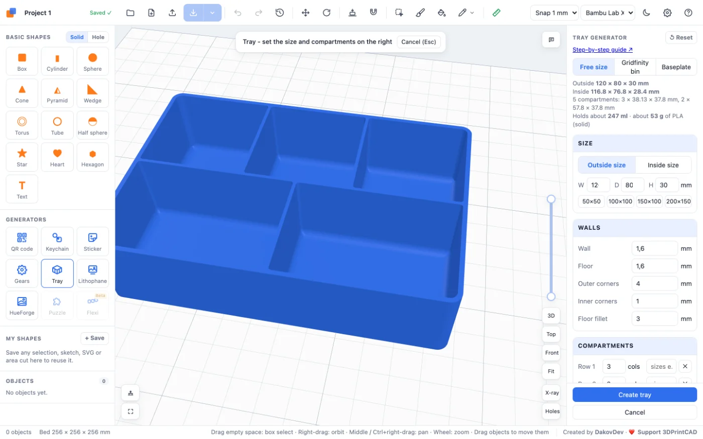 The 3DPrintCAD app with a tray with compartments and the tray generator panel on the right