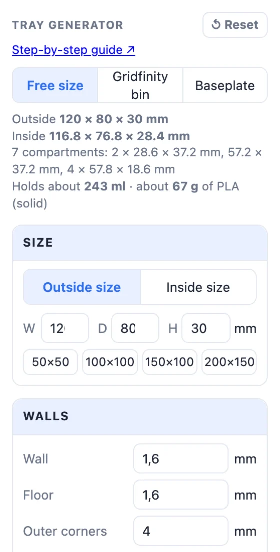 The tray generator panel: the three modes, the result line with the sizes, compartments and plastic, then the size and walls cards