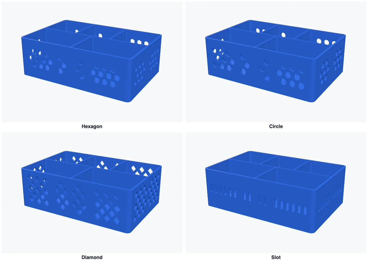 Four trays with hexagon, circle, diamond and slot wall patterns