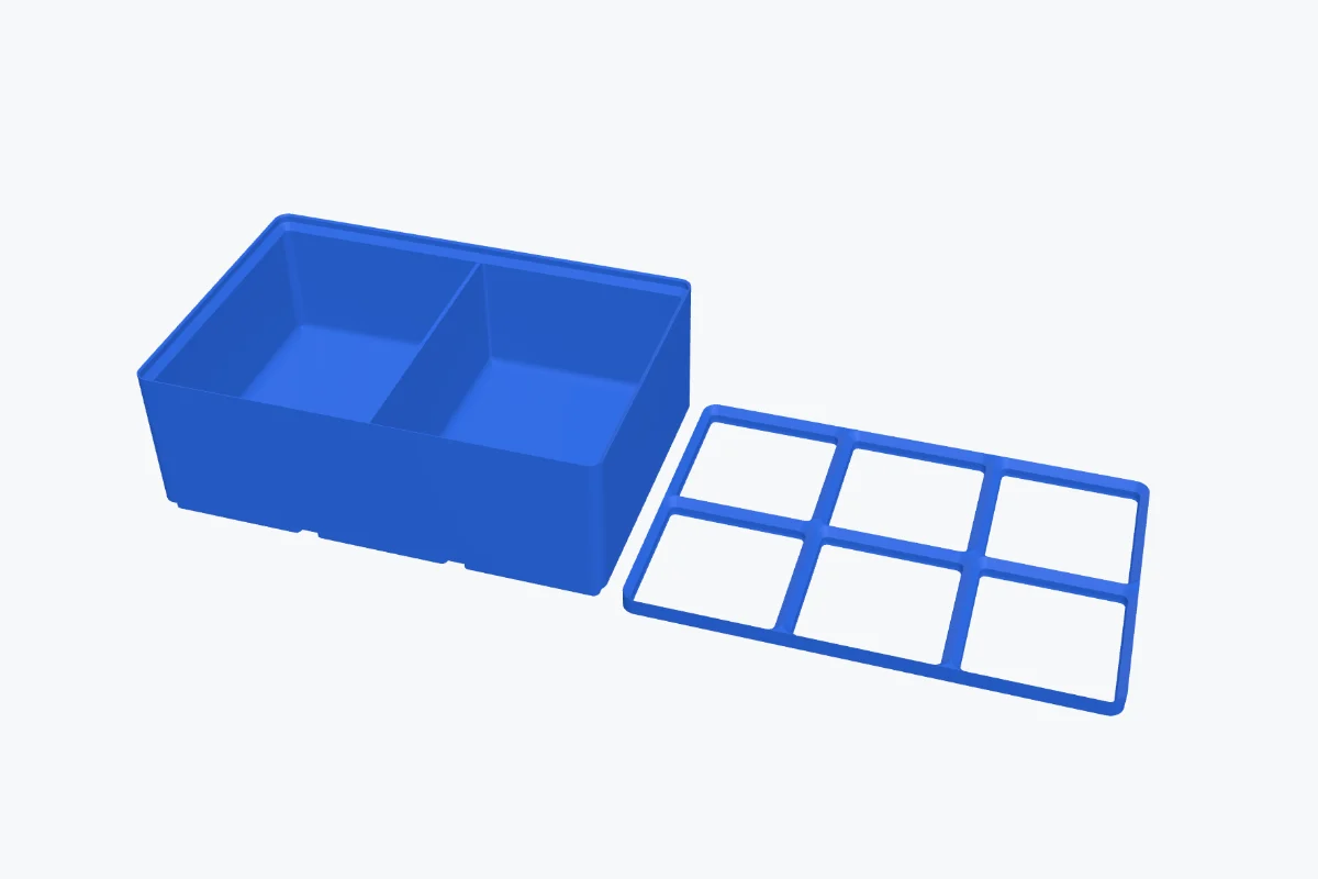 A 3 × 2 Gridfinity bin with compartments and a 3 × 2 Gridfinity baseplate