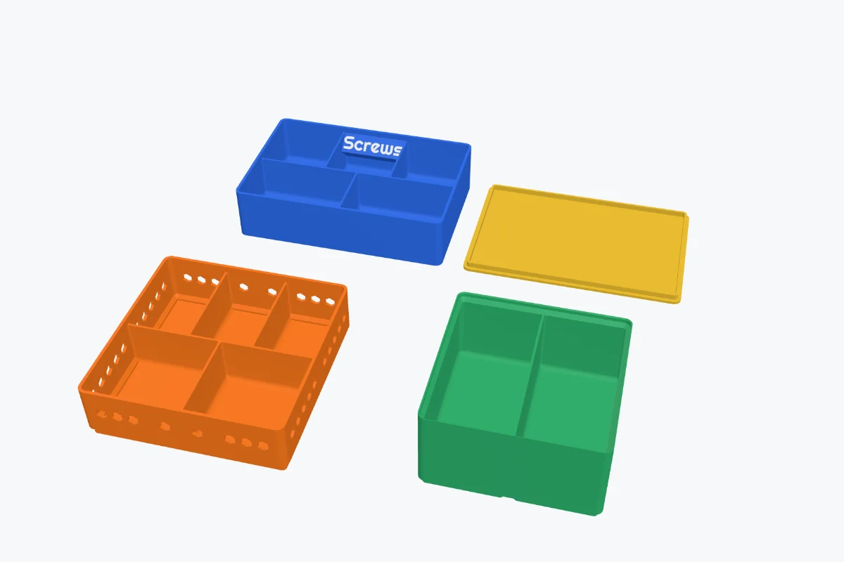 A tray with compartments and a label, a stackable tray with a hexagon wall pattern, a lid and a Gridfinity bin on a baseplate