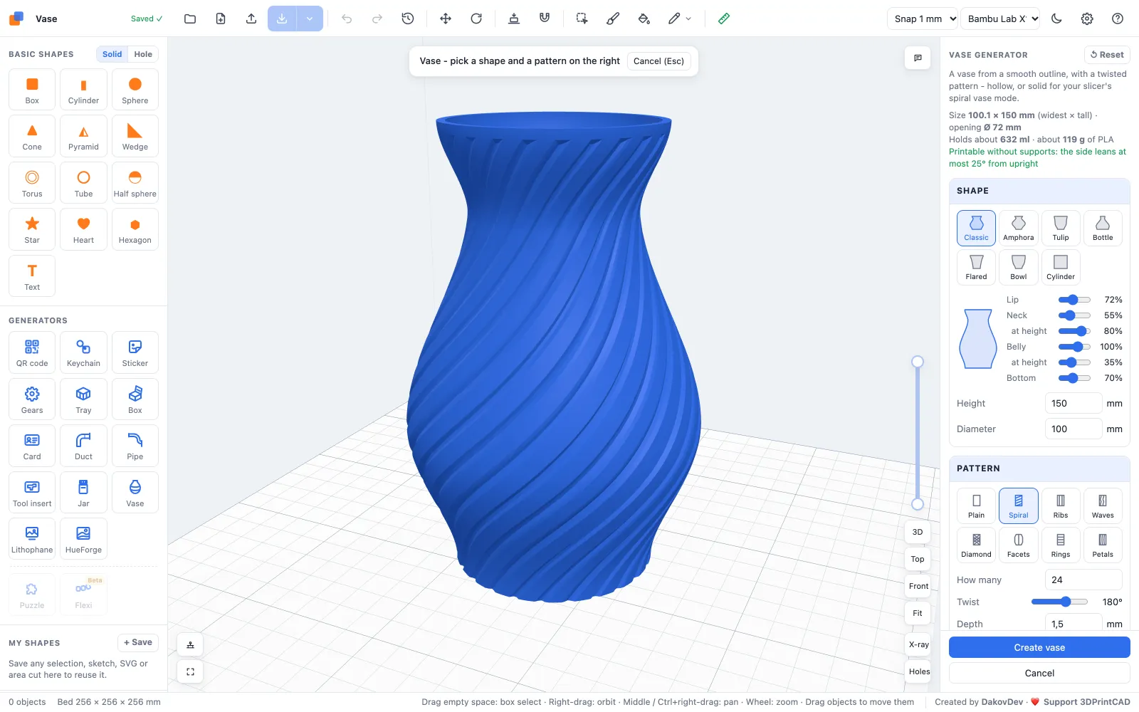 The 3DPrintCAD app with a vase with a spiral pattern and the vase generator panel on the right