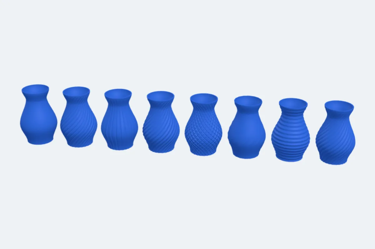 Eight vases: plain, spiral, ribs, waves, diamond, facets, rings and petals