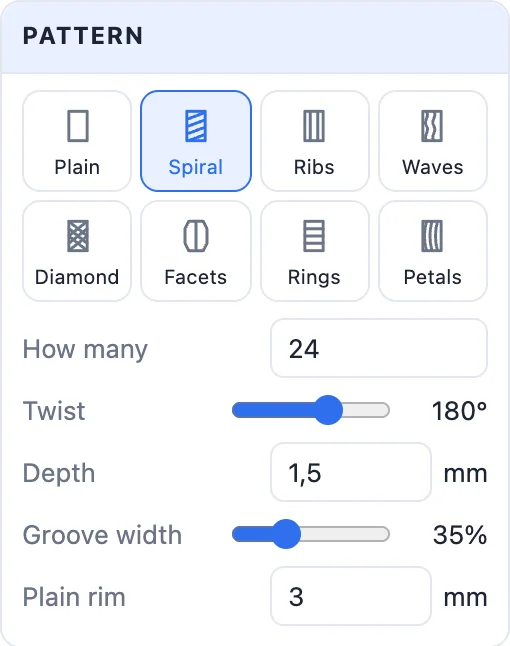 The Pattern card: plain, spiral, ribs, waves, diamond, facets, rings and petals, with count, twist, depth, groove width and plain rim