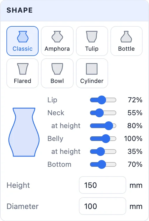 The Shape card: seven shape tiles, the outline and the lip, neck, belly and bottom sliders, height and diameter