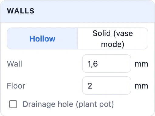 The Walls card: hollow or solid for vase mode, wall, floor and drainage hole