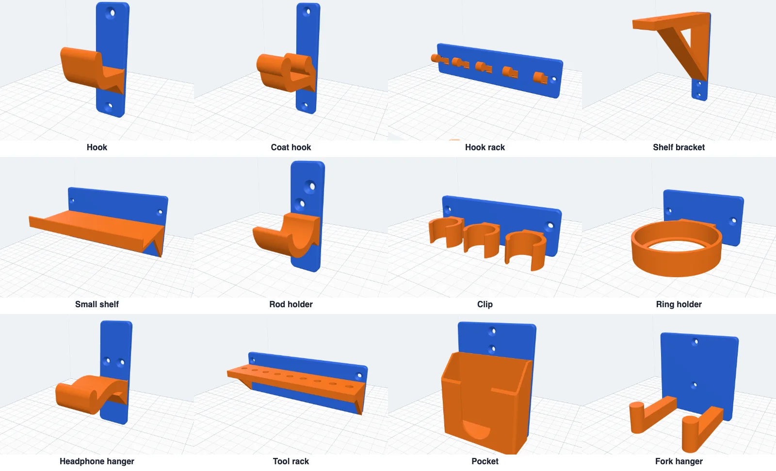 The 12 wall hook styles as they hang: hook, coat hook, hook rack, shelf bracket, small shelf, rod holder, clip, ring holder, headphone hanger, tool rack, pocket and fork hanger