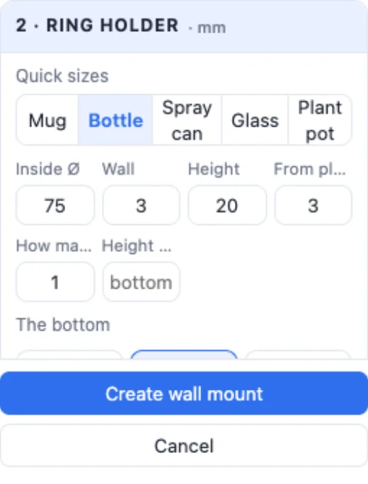 The ring holder's sizes with quick sizes: mug, bottle, spray can, glass and plant pot