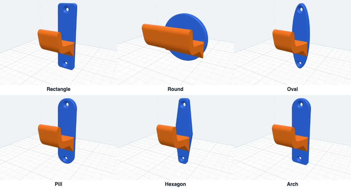 A hook on the six plate shapes: rectangle, round, oval, pill, hexagon and arch