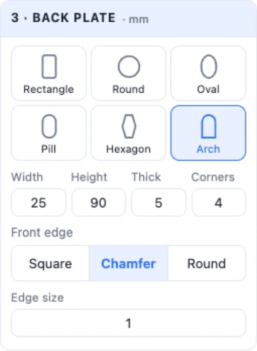 The Back plate card: shape tiles, width, height, thickness, corners and the front edge
