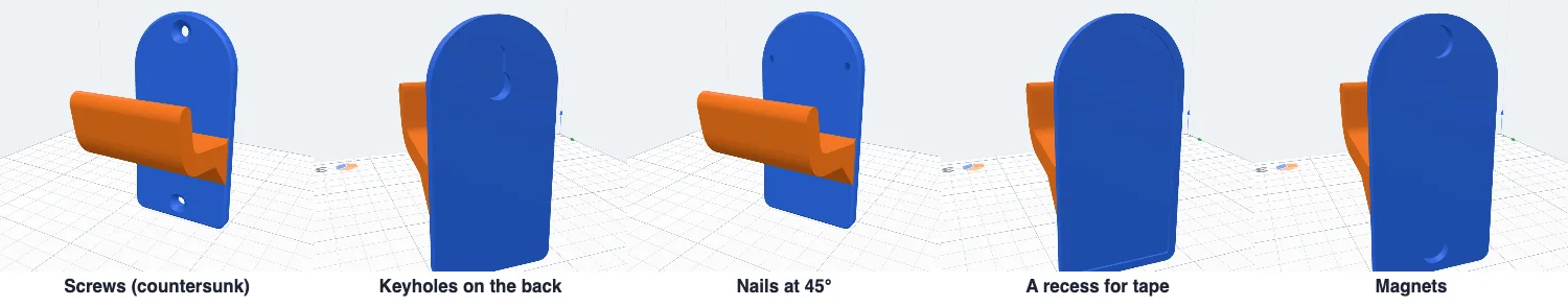 The five ways to fix it: countersunk screws, keyholes on the back, nails at 45 degrees, a recess for tape and magnet pockets