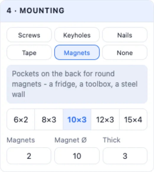 The Mounting card: screws, keyholes, nails, tape, magnets or none, with the screw sizes, the head and where they go