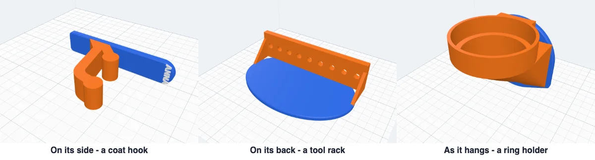 Three ways it prints: a coat hook on its side, a tool rack on its back and a ring holder standing as it hangs