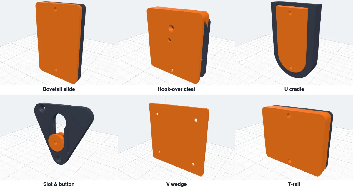 The six two-part mounts put together, the wall part dark and the object part orange