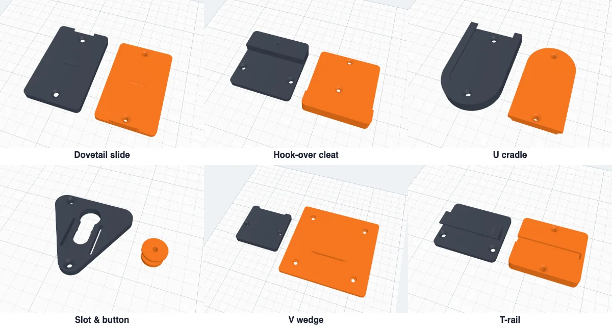 The six two-part mounts apart for printing: each wall part on its back and object part face down