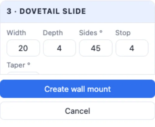 The dovetail slide's settings: width, depth, sides, stop, taper, two dovetails and the click