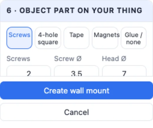 The object part's fixing: screws, the 4-hole square, tape, magnets or glue, how many screws and where