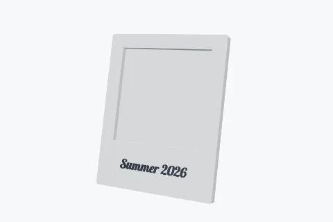 A white instant-photo style frame with Summer 2026 written under the photo