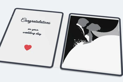A 3D printed folding wedding card, open, the bride and groom on the inside right