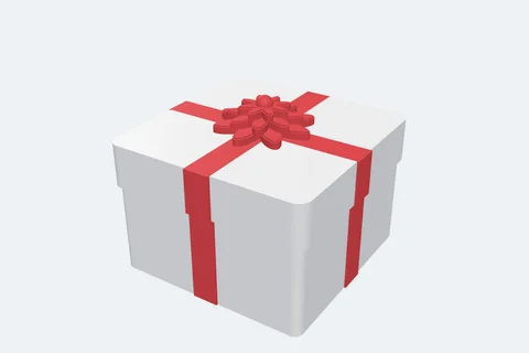 A 3D printed gift box with a red ribbon and a rosette bow
