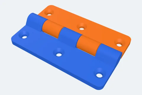 A two-colour butt hinge with countersunk screw holes