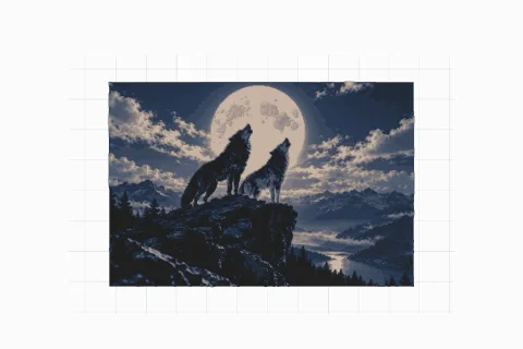 A HueForge-style print of two wolves and the moon