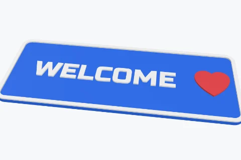 A blue plate with a white border, the word WELCOME and a red heart